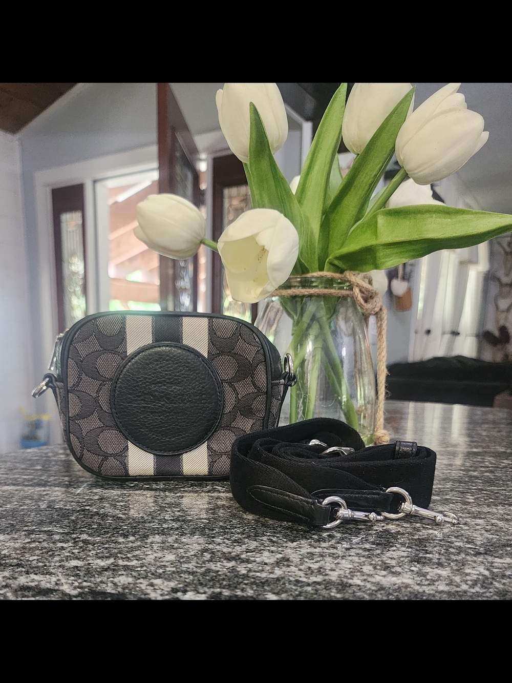 Coach Mini Dempsey Signature Canvas Camera Crossbody - Black & Ivory
